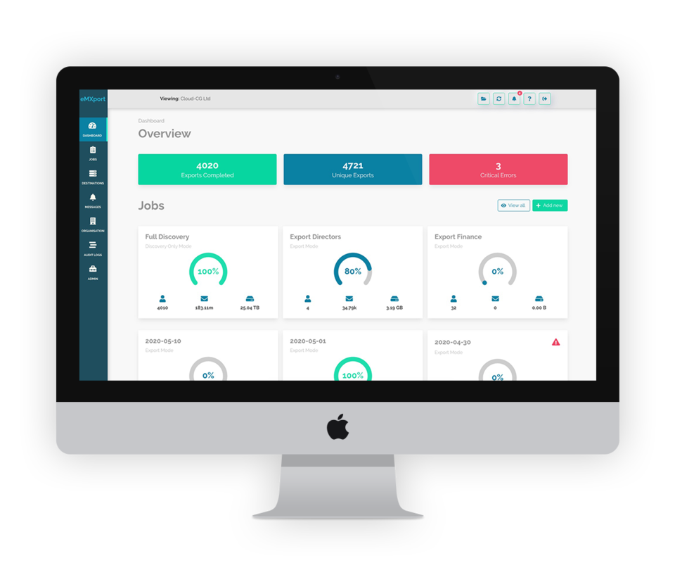 eMXport console showing migration jobs, discovery and reporting