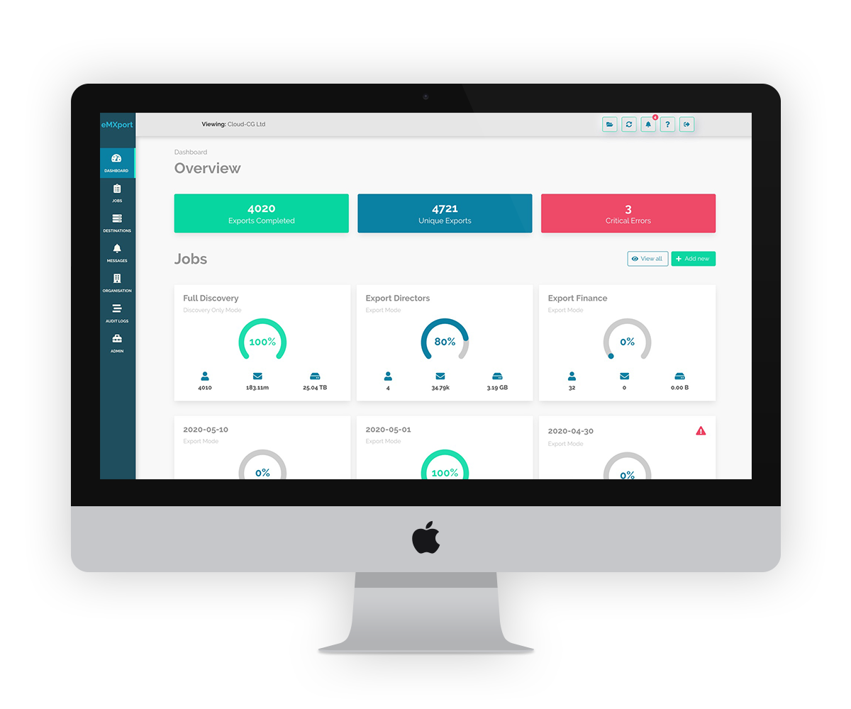 eMXport console showing migration jobs, discovery and reporting